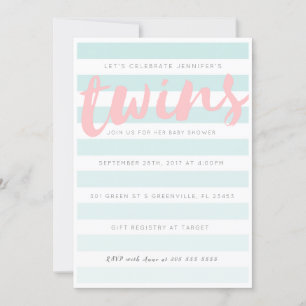 Twins Blue roze Striped Baby shower Invitation Kaart