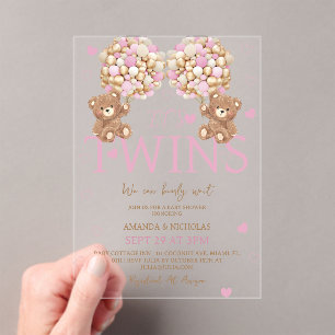 Twins Blush Roze Beer Meisjes Ballonnen Baby showe Acryl Uitnodigingen