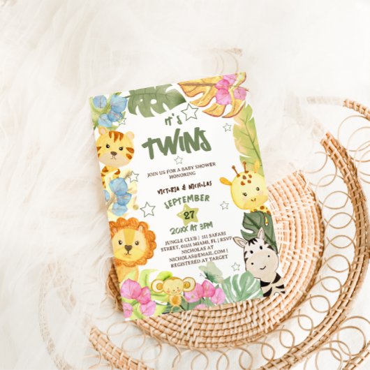 Twins Boho Safari Dieren Baby shower Kaart
