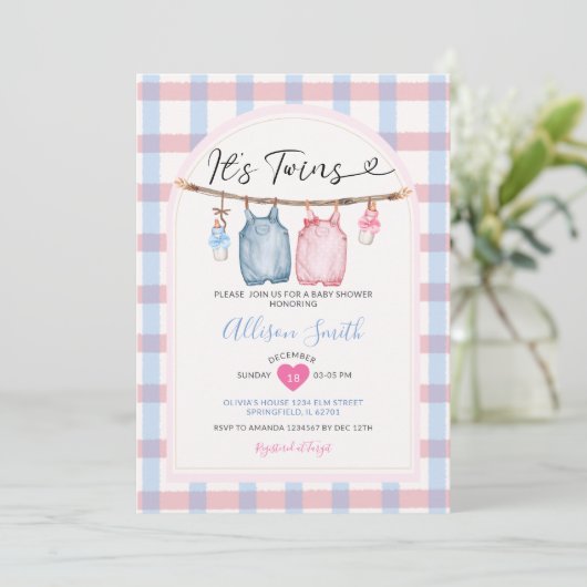 Twins Bow Clothes Autumn Gingham Baby shower Kaart (Staand voorkant)