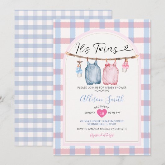 Twins Bow Clothes Autumn Gingham Baby shower Kaart (Voorkant / Achterkant)