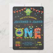 Twins boy 1e verjaardag kleine monsterfeest kaart (Voorkant)