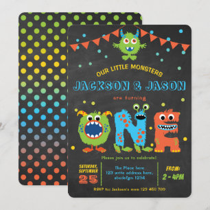 Twins boy 1e verjaardag kleine monsterfeest kaart