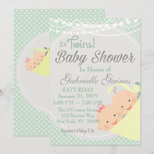 Twins Boy and Girl Baby shower Invitation Kaart (Voorkant / Achterkant)
