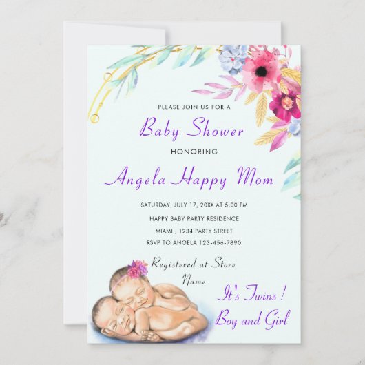 Twins Boy and Girl QR Code Baby shower Uitnodiging (Voorkant)