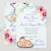 Twins Boy and Girl QR Code Baby shower Uitnodiging (Voorkant / Achterkant)