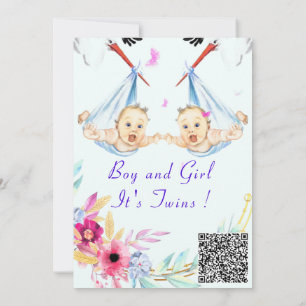 Twins Boy and Girl QR Code Baby shower Uitnodiging