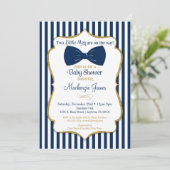 Twins Boy Baby shower Invitation Blue Gold Bow Str Kaart (Staand voorkant)