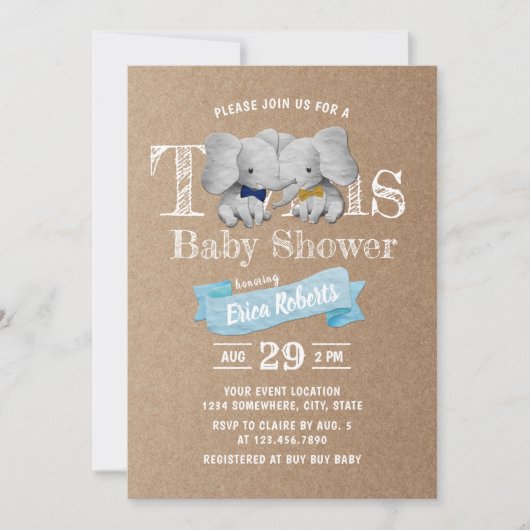 Twins Boy Cute Elephant Rustic Kraft Baby shower Kaart (Voorkant)