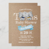 Twins Boy Cute Elephant Rustic Kraft Baby shower Kaart (Voorkant / Achterkant)
