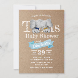 Twins Boy Cute Elephant Rustic Kraft Baby shower Kaart