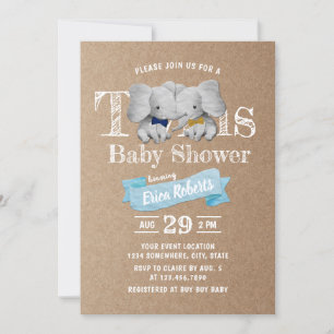 Twins Boy Cute Elephant Rustic Kraft Baby shower Kaart