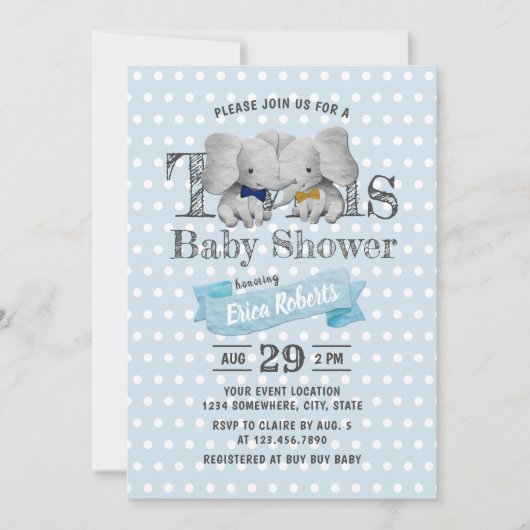 Twins Boy Elephant Blue Polka Dots Baby shower Kaart (Voorkant)