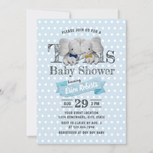 Twins Boy Elephant Blue Polka Dots Baby shower Kaart