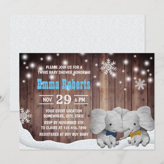 Twins Boy Elephant Winter Snowflaes Baby shower Kaart (Voorkant / Achterkant)