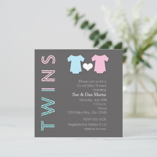 TWINS Boy en Girl Baby shower Modern Invitation Kaart (Staand voorkant)