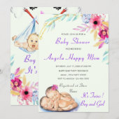 Twins Boy en Girl Stork Baby shower Uitnodiging (Voorkant / Achterkant)
