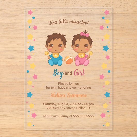 Twins Boy Girl Baby shower 2 Transparant Acryl Uitnodigingen (Voorkant)