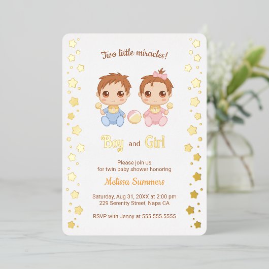 Twins Boy Girl Baby Shower Folie Uitnodiging (Staand Voorkant)