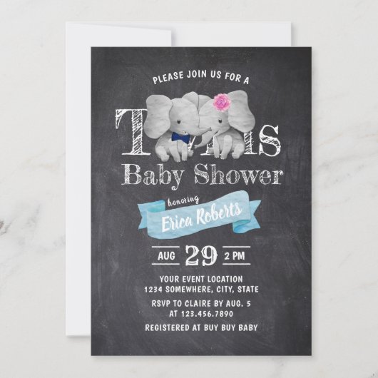 Twins Boy & Girl Cute Elephant Rustige Baby shower Kaart (Voorkant)