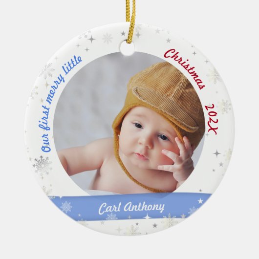 Twins Boy Girl Foto's First Merry Little Kerstmis Keramisch Ornament (Voorkant)