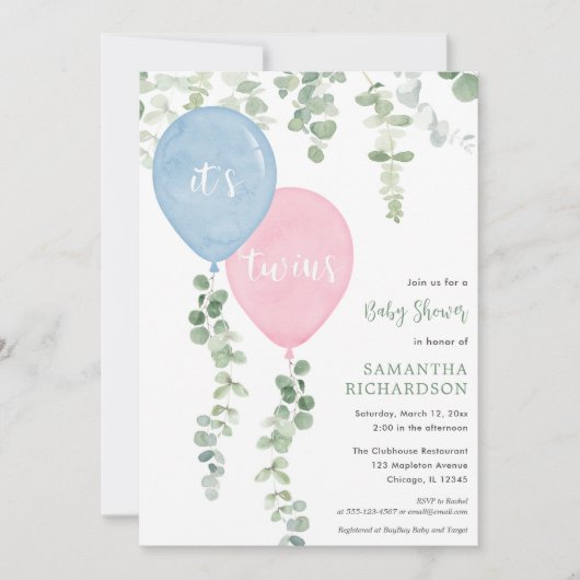 Twins boy meisje blauw roze ballonnen baby shower kaart (Voorkant)