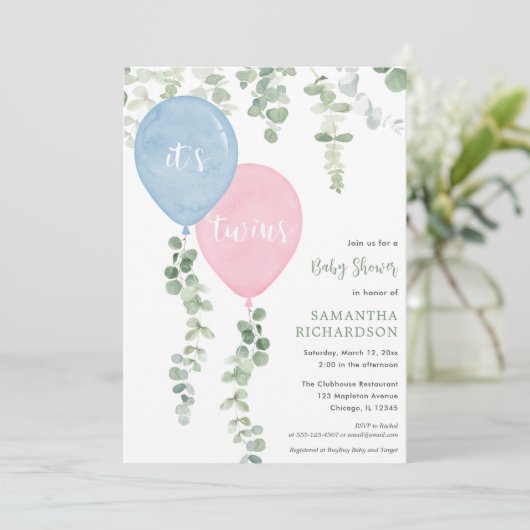 Twins boy meisje blauw roze ballonnen baby shower kaart (Staand voorkant)