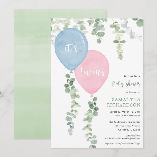 Twins boy meisje blauw roze ballonnen baby shower kaart (Voorkant / Achterkant)