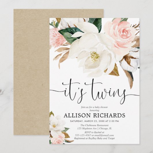 Twins boy meisje wit roze rustiek baby shower kaart (Voorkant / Achterkant)