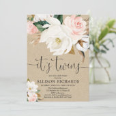 Twins boy meisje wit roze rustieke kraft baby show kaart (Staand voorkant)