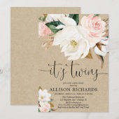 Twins boy meisje wit roze rustieke kraft baby show kaart (Voorkant / Achterkant)