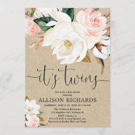Twins boy meisje wit roze rustieke kraft baby show kaart