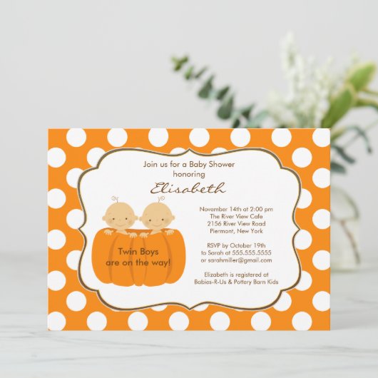 Twins Boys Herfst Pumpkin Baby shower Uitnodiging (Staand voorkant)
