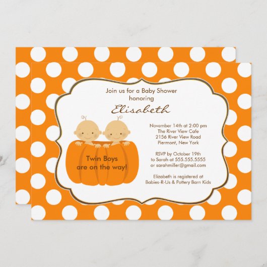 Twins Boys Herfst Pumpkin Baby shower Uitnodiging (Voorkant / Achterkant)