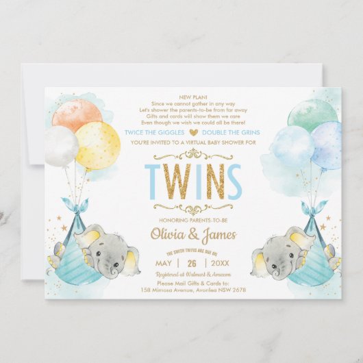 Twins Boys Olifant Virtual Baby shower per Mail Kaart (Voorkant)