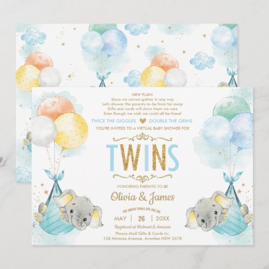 Twins Boys Olifant Virtual Baby shower per Mail Kaart (Voorkant / Achterkant)