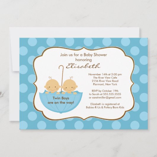 Twins Boys Umbrella Baby shower Invitation Blue Kaart (Voorkant)