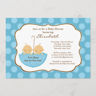 Twins Boys Umbrella Baby shower Invitation Blue Kaart