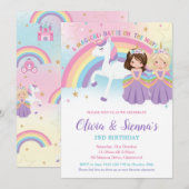 Twins Brunette Blonde Princesses Unicorn Birthday Kaart (Voorkant / Achterkant)