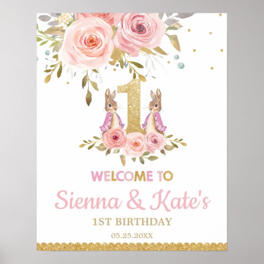 Twins Bunny Rabbit Twin Girls 1e verjaardag Welkom Poster (Voorkant)