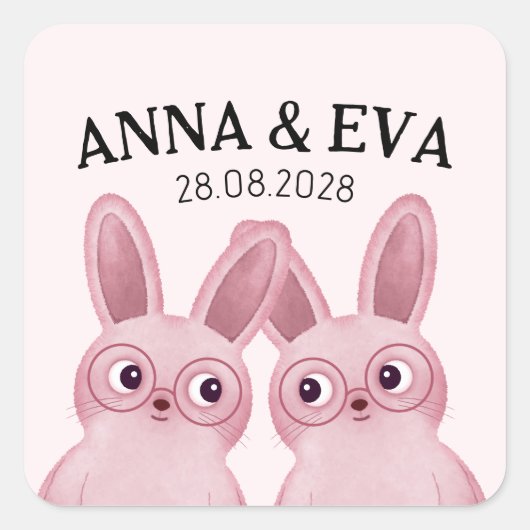 Twins Bunny Verjaardagsfeestje met roze glazen Vierkante Sticker (Voorkant)