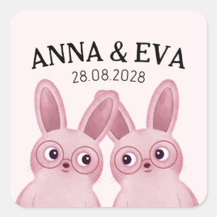 Twins Bunny Verjaardagsfeestje met roze glazen Vierkante Sticker