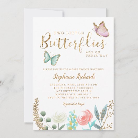 TWINS Butterfly Garden Gold Baby shower Kaart (Voorkant)