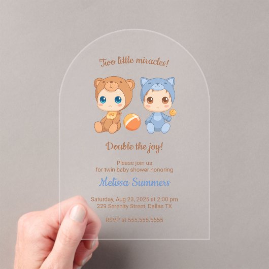 Twins Cat Beer Geslacht Neutraal Baby shower Acryl Uitnodigingen (Insitu (Draagbaar))
