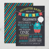 Twins Chalkboard Monster 1e verjaardag Uitnodiging (Voorkant / Achterkant)