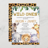 Twins Cheetah Print Wild Ones Safari 1e Verjaardag Kaart (Voorkant / Achterkant)