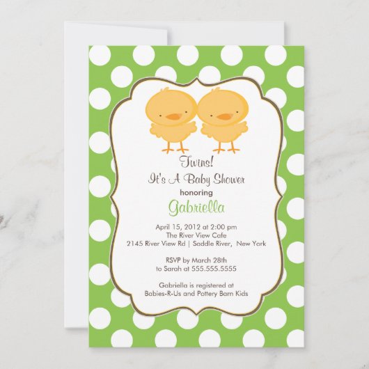 Twins Chick Baby shower Invitation Green Girl Boy Kaart (Voorkant)