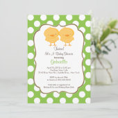 Twins Chick Baby shower Invitation Green Girl Boy Kaart (Staand voorkant)