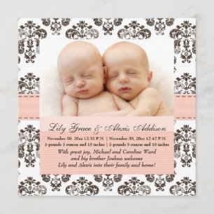 Twins Damask Baby Announcement Roze en Brown Aankondiging
