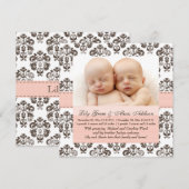 Twins Damask Baby Announcement Roze en Brown Aankondiging (Voorkant / Achterkant)
